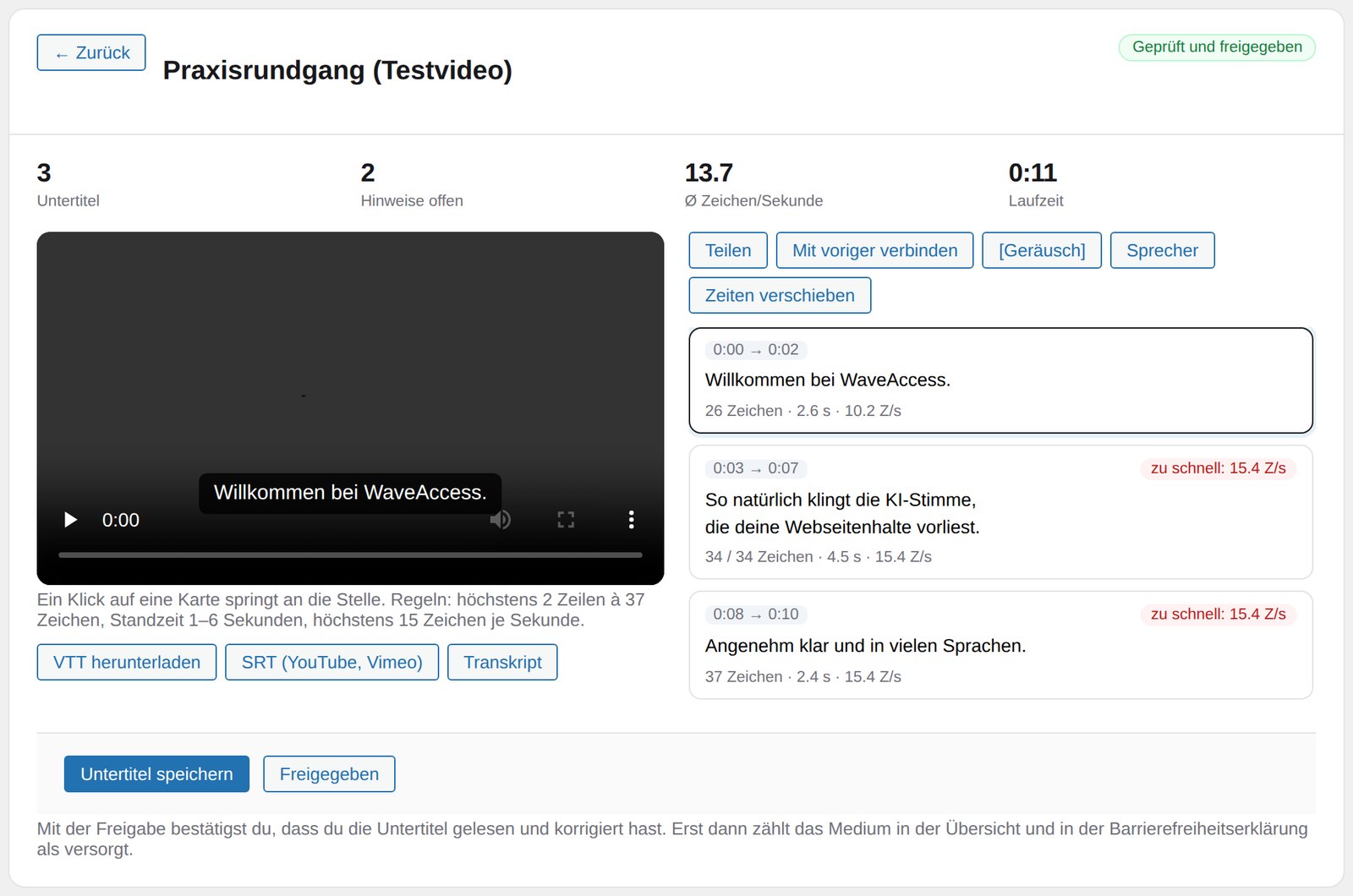 Untertitel-Editor von Wave Media: Videovorschau links, rechts die Untertitel-Karten mit Prüfhinweisen